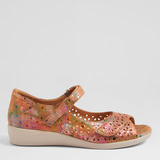 Multicolored sandal with open toe design on a light gray background