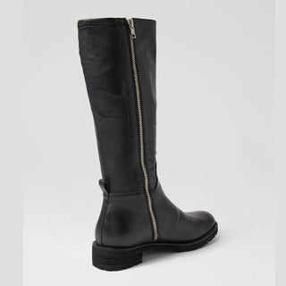 MARTHE W - BLACK LEATHER BLACK HEEL STRETCH LONG BOOTS