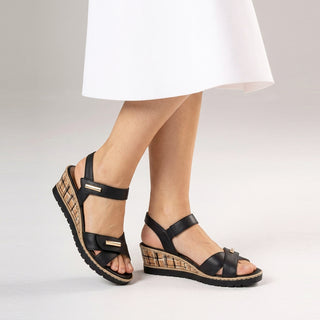 R6266 - BLACK LEATHER WEDGE HEEL SANDALS