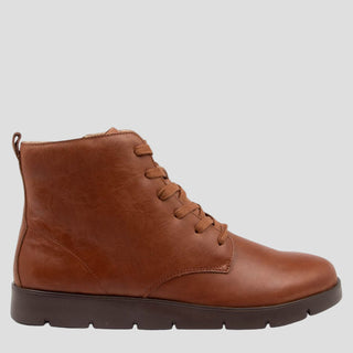 A brown leather ankle boot with a lace-up front and a flat sole.